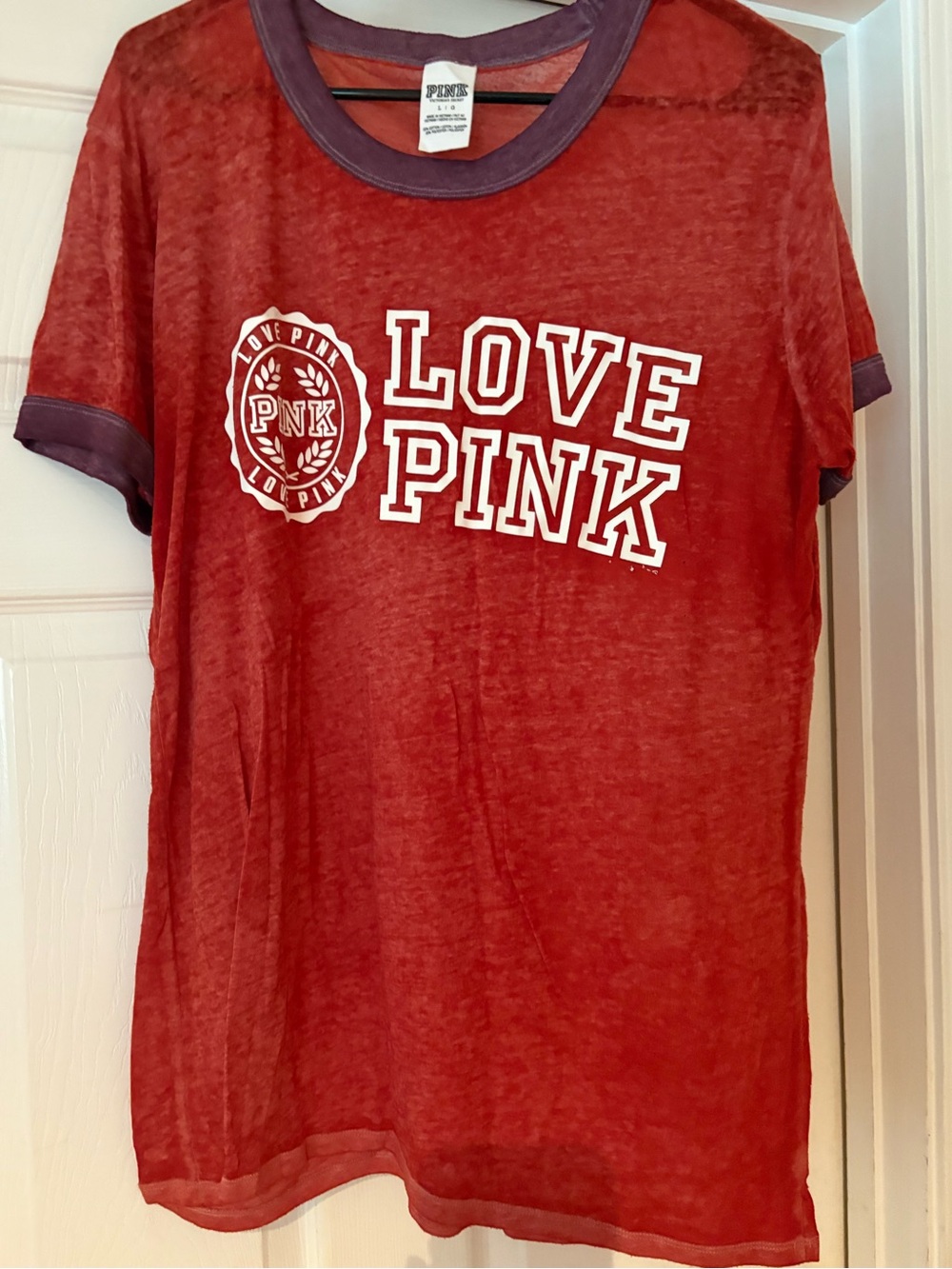 PINK Victoria's Secret Red Tee with Purple Trim